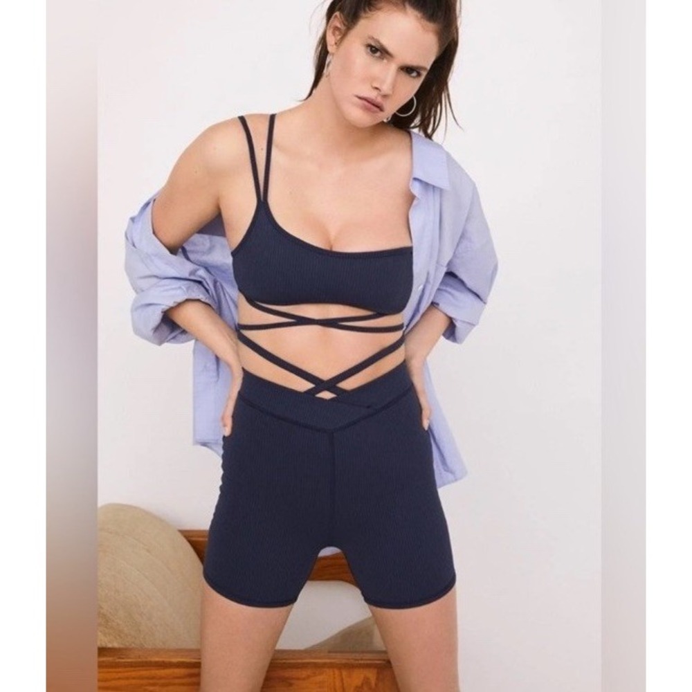 NWT For Love & Lemons Ribbed Asymmetrical Strappy Sports Bra Navy Blue Large